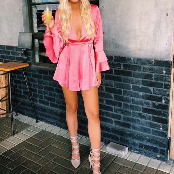 Pink Satin Bell Sleeve Romper - Picture 2 of 2
